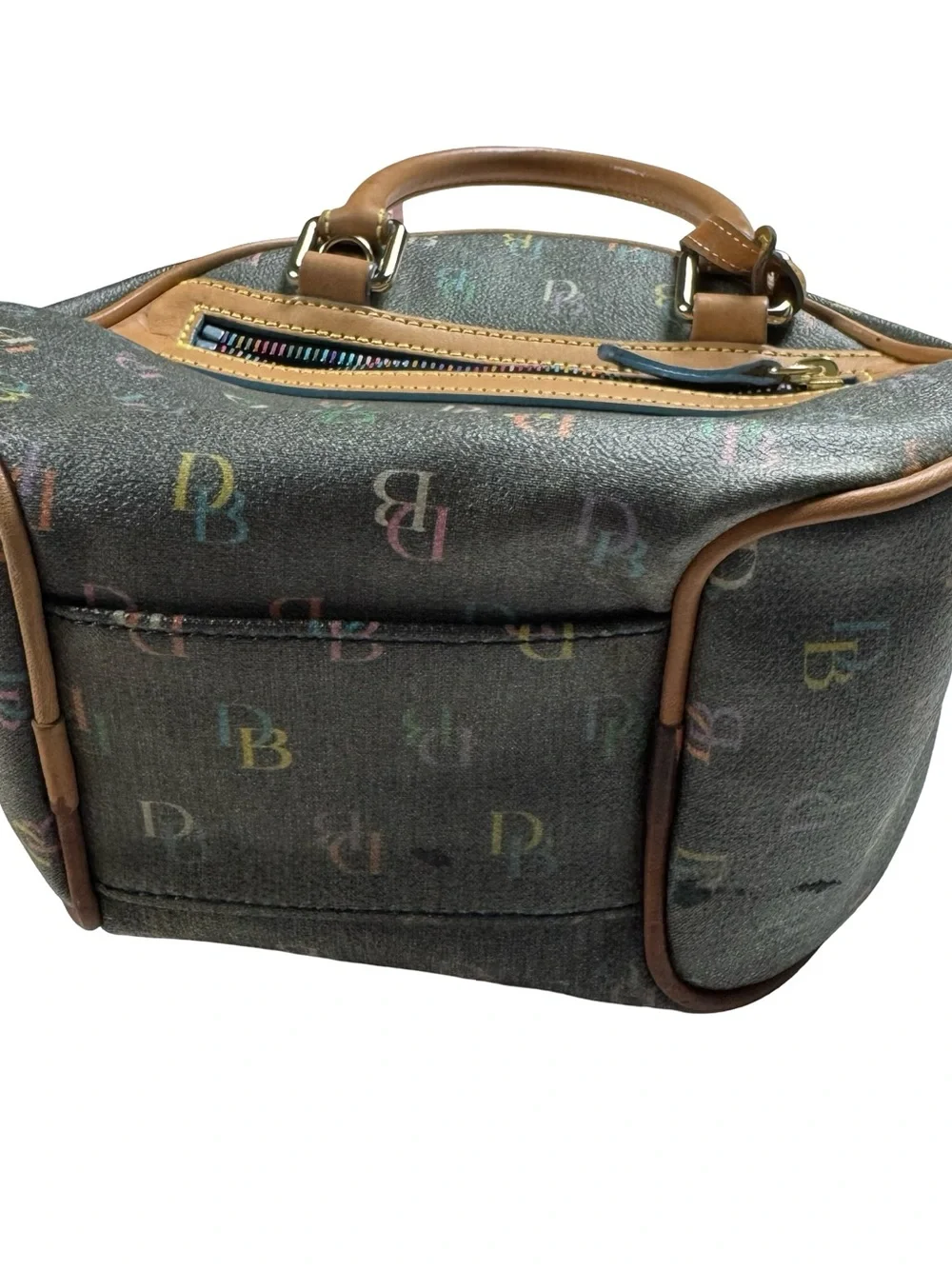 Dooney & Bourke DB Multicolor Monogram Round Satchel Leather Trim Bag Purse